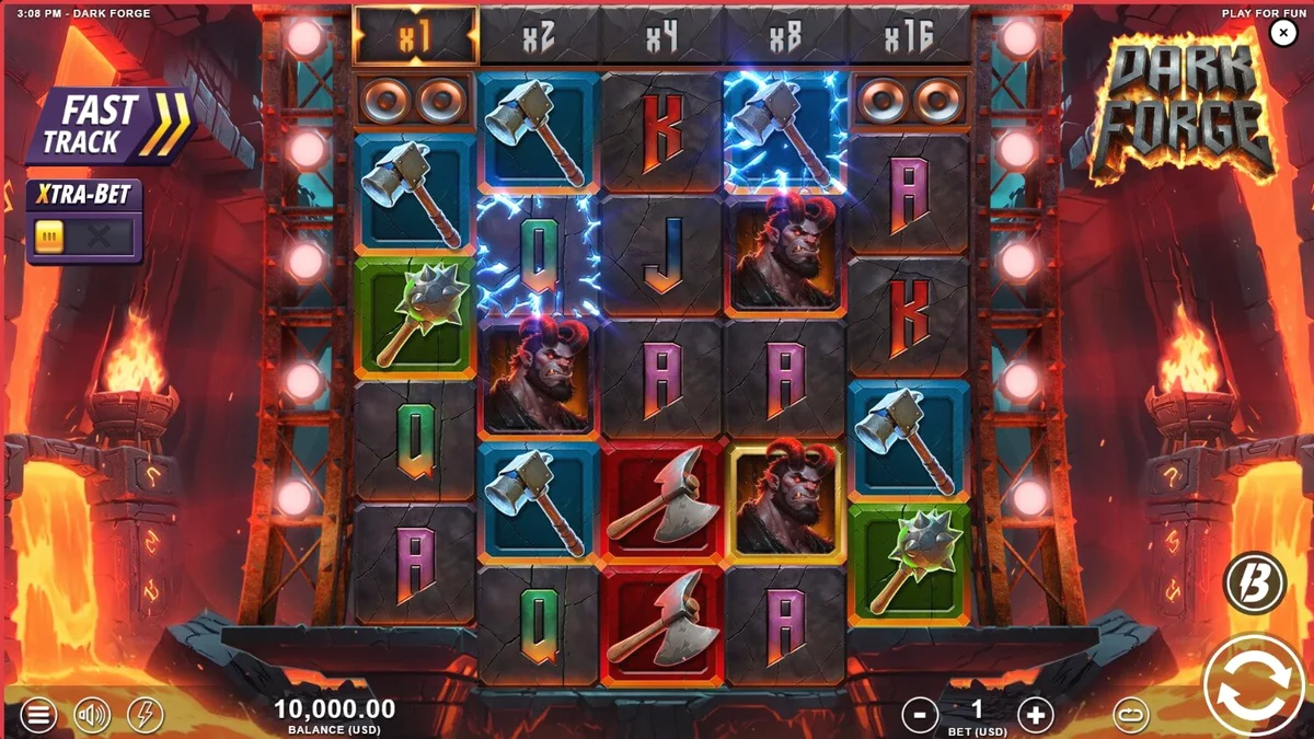 Tampilan layar slot Dark Forge menampilkan pandai besi iblis di tengah api dan lahar