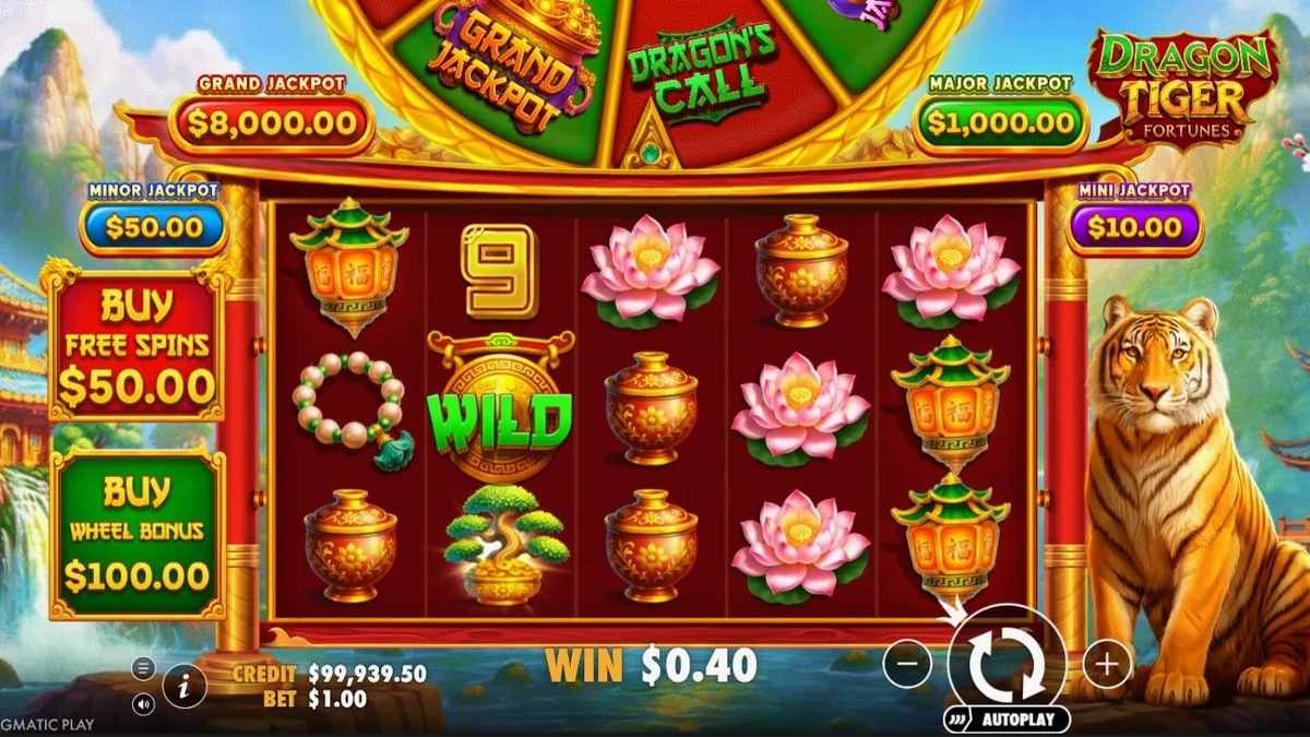 Visual meriah dari slot Dragon Tiger Fortunes dengan tema naga dan harimau