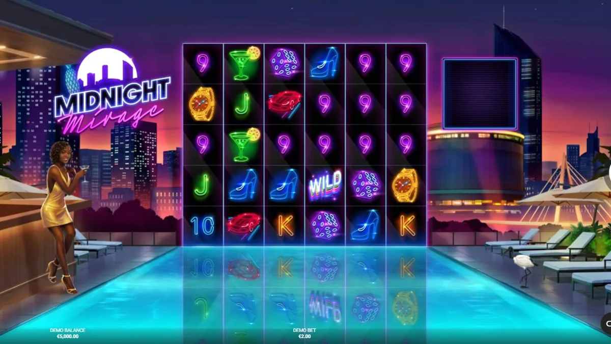 Tampilan visual neon dan suasana mewah di slot Midnight Mirage